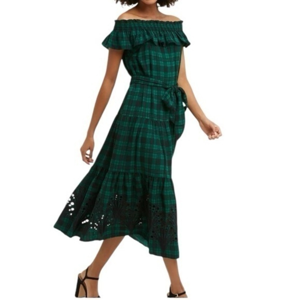Draper James Off The Shoulder Tie‎ Waist Dress in Angie Plaid in Evergreen XL